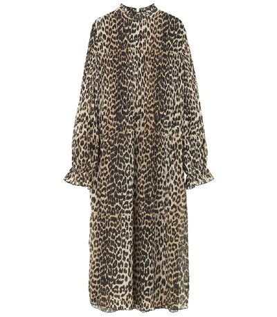 Ganni Pleated Georgette Midi Dress In Leopard In Leopard Print