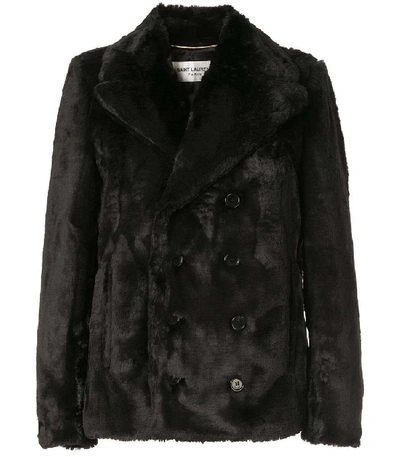 Saint Laurent Double-breasted Faux Fur Jacket In Black