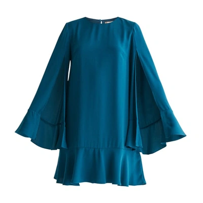 Paisie Pre-order Cape Sleeve Swing Dress With Peplum Hem In Turquoise