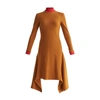 PAISIE Turtleneck Ribbed Dress With Handkerchief Hem & Contrasting Collar In Camel & Red