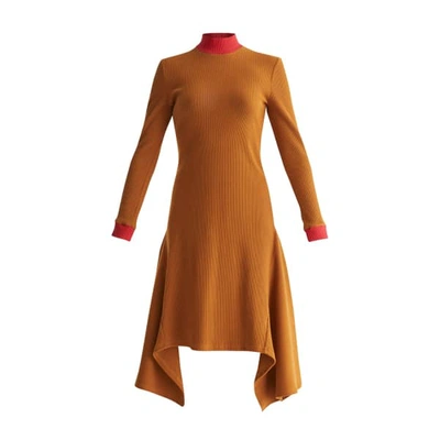 Paisie Turtleneck Ribbed Dress With Handkerchief Hem And Contrasting Collar In Camel And Red In Blue,green