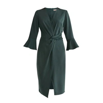 Paisie Pre-order Satin Dress With Twisted Waist And Flared Cuffs In Dark Green