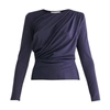 PAISIE Diagonal Draped Top With Teardrop Cut Out Back In Navy