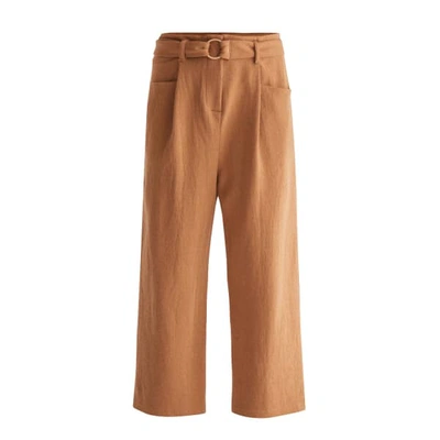 Paisie Jersey Wide Leg Trousers With Front Pleats And O-ring Belt In Camel
