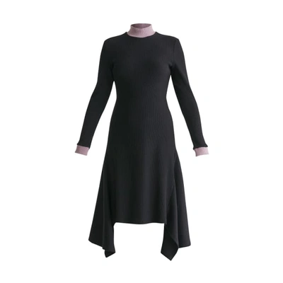 Paisie Turtleneck Ribbed Dress With Handkerchief Hem And Contrasting Collar In Black And Lilac