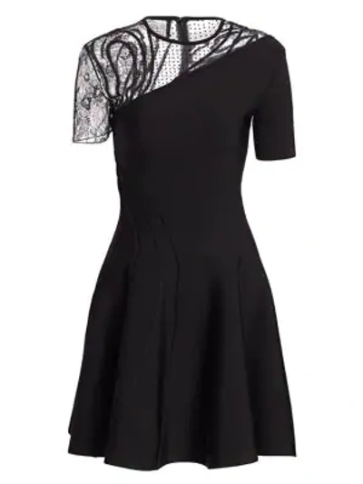 Oscar De La Renta Asymmetric Mesh-detail Stretch-woven Mini Dress In Black