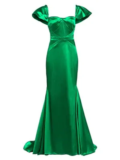 Zac Posen Stretch Satin Short Sleeve Gown In Kelly Green