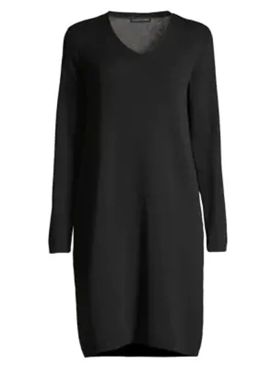 Eileen Fisher Petite Washed Fine Wool Crepe V-neck Long-sleeve Dress In Black