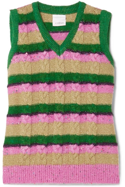 Ashish Striped Sequinned Cable-knit Tank Top In Beige