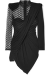 BALMAIN Draped crepe and polka-dot flocked tulle mini dress