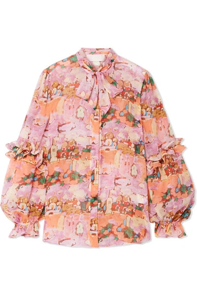 Peter Pilotto Pussy-bow Ruffled Printed Silk-georgette Blouse In Pink