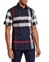 Burberry Short-sleeve Check Stretch Cotton Poplin Shirt In Navy