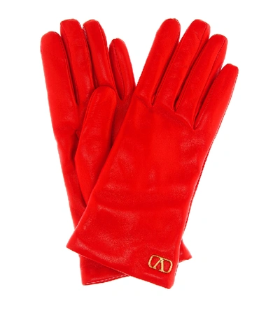 Valentino Garavani Vlogo Leather Gloves In Orange