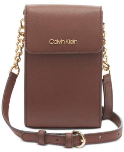 Calvin Klein North South Leather Crossbody In Walnut/gold