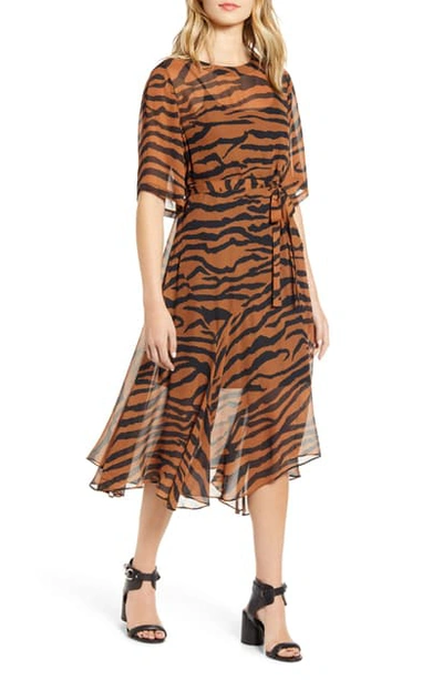 Allsaints Enki Zephyr Tiger Stripe Dress In Toffee Brown/ Black