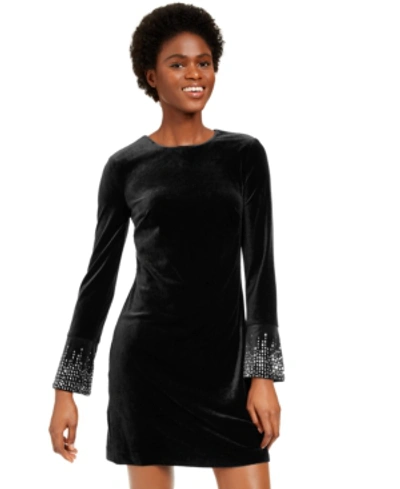 Calvin Klein Embellished Bell-sleeve Sheath Dress In Black