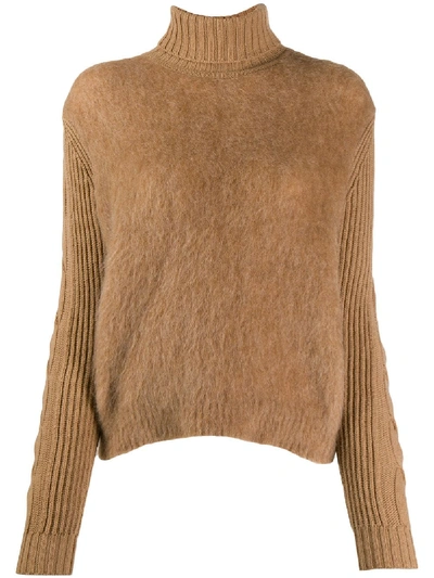 Max Mara Formia Paneled Wool-blend And Knitted Turtleneck Jumper In Brown