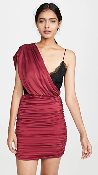 Alice And Olivia Bianca Ruched One Shoulder Mini Dress In Bordeaux/black