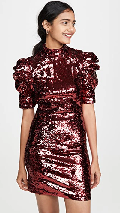 Alice And Olivia Brenna Sequin Fitted Puff Sleeve Dress In Bordeaux