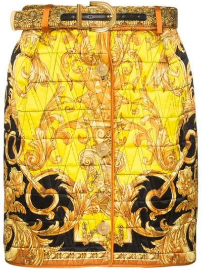 Versace Leather-trimmed Quilted Printed Silk-satin Mini Skirt In Yellow