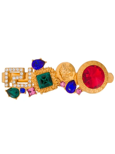 Versace Greek Key Crystal Hair Pin Multicolor Stone In Orange