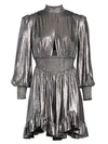 RETROFÉTE Melody Metallic Ruffle Puff-Sleeve Cutout Mini A-Line Dress