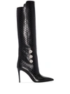 BALMAIN BLACK OPALINE 95 MONOGRAM KNEE HIGH LEATHER BOOTS