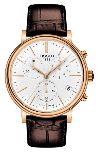 Tissot Carson Premium Chronograph Leather Strap Watch, 41mm In Brown/ White/ Rose Gold