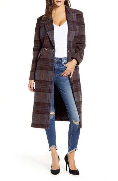 Kendall + Kylie Plaid Brushed Wool Blend Coat In Plum Plaid