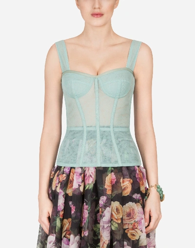 Dolce & Gabbana Bustier With Tulle Shoulder In Light Blue