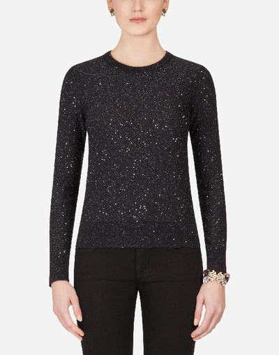 Dolce & Gabbana Mixed Silk Crew Neck Sweater With Micro Sequins In Silver/black