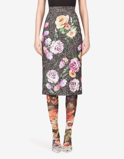 Dolce & Gabbana Tweed Midi Skirt With Laminated Flower Patches In Floral Print