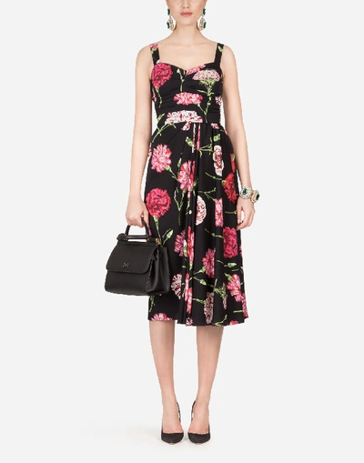 Dolce & Gabbana Carnation Print Charmeuse Dress With Embroidery In Black