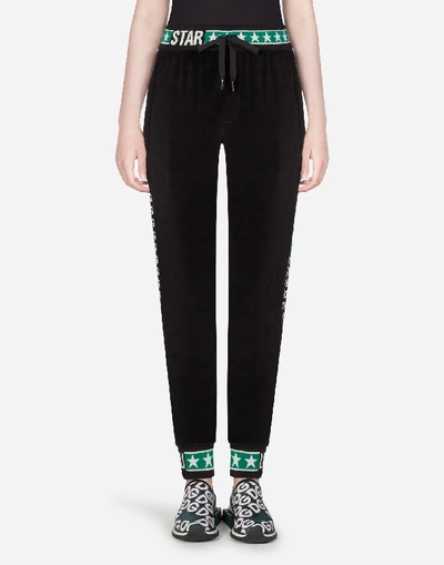 Dolce & Gabbana Velvet Jogging Pants With Dg Logo Bands In Black