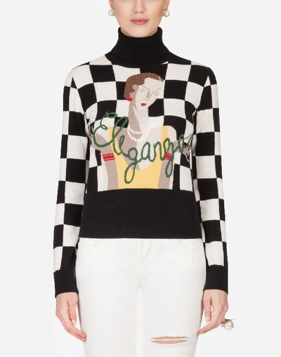 Dolce & Gabbana High Neck Cashmere Sweater With Intarsia In Black