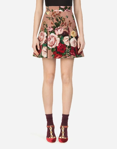 Dolce & Gabbana Short Skirt In Baroque Rose-print Velvet In Multi-colored