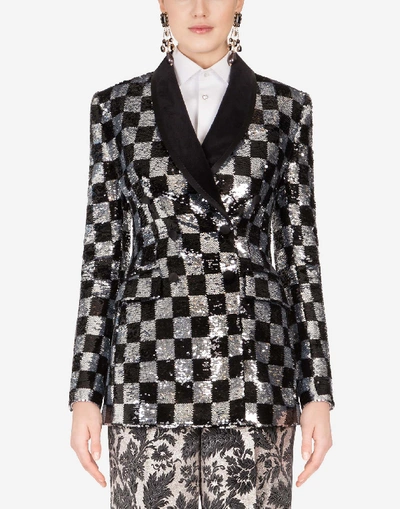 Dolce & Gabbana Sequined Double-breasted Jacket With Damier Design In Multi