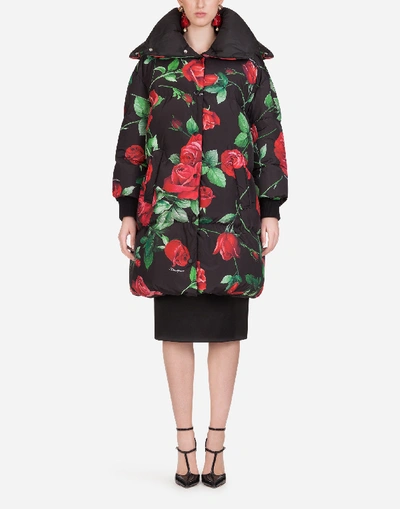 Dolce & Gabbana Oversize Down Jacket With Hood And Rose Print In Black