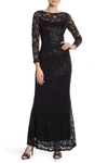 MARINA SEQUIN LACE LONG SLEEVE GOWN,192096277067