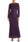 Marina Sequin Lace Long Sleeve Gown In Eggplant