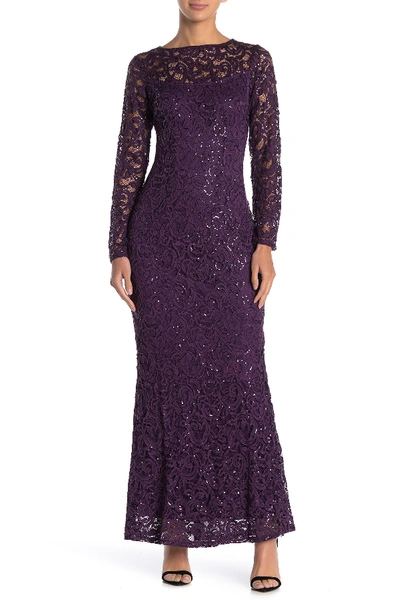 Marina Sequin Lace Long Sleeve Gown In Eggplant