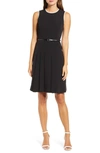 ANNE KLEIN PIPED DETAIL BELTED FIT & FLARE DRESS,10735308