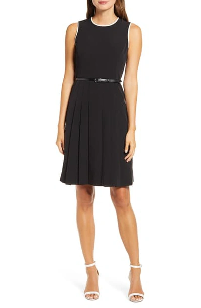 Anne Klein Piped Detail Belted Fit & Flare Dress In Anne Black / Anne White