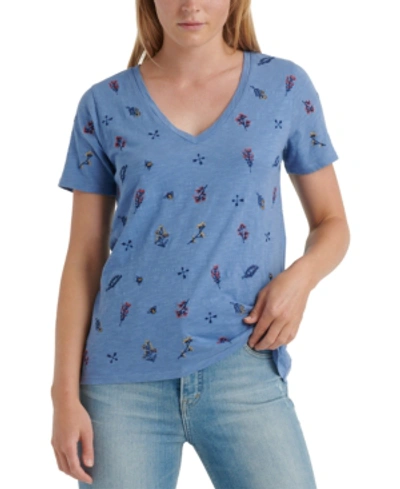 Lucky Brand Cotton Tossed-floral Embroidered T-shirt In Brightblue