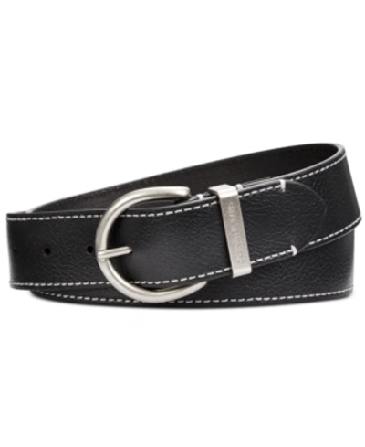 Calvin Klein Flat-strap Leather Belt With Stitching In Black/nickle