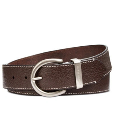 Calvin Klein Flat-strap Leather Belt With Stitching In Dark Brown/nickle