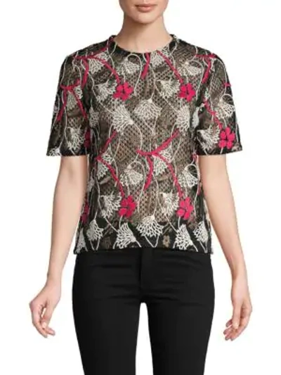 Valentino Embroidered Mixed-floral Mesh Top In Nero Multi