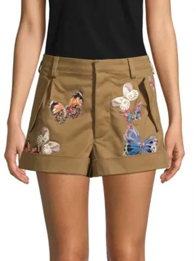 Valentino Women's Embroidered Butterfly Cotton Shorts In Army