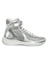 Prada America's Cup Metallic Leather Sneakers In Silver