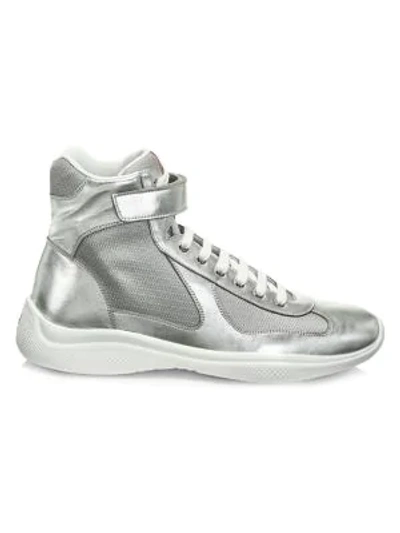 Prada America's Cup Metallic Leather Sneakers In Silver